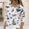 Women Plus Size Asymmetric V Neck Button Decor Long Sleeve Top White Basketball Print