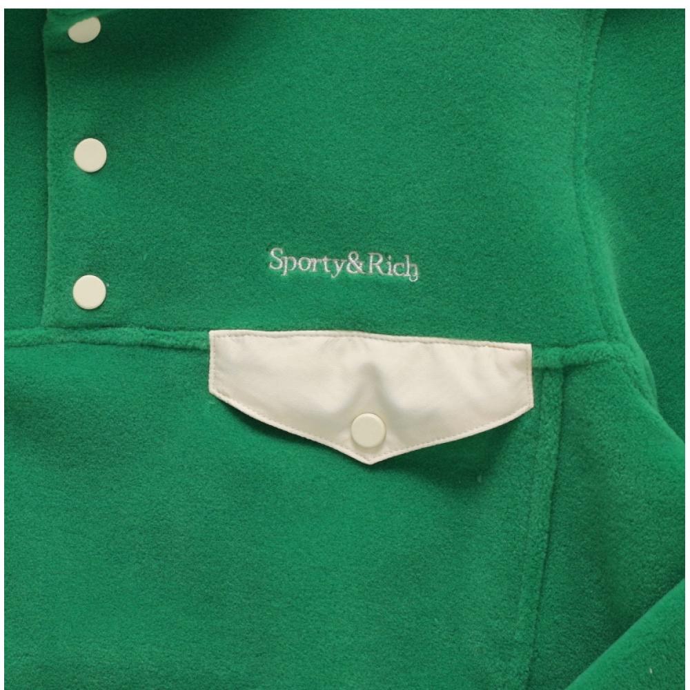 Sporty   Rich Qz741ve Kelly Cream Serif  Serif  Logo Button Polar Fleece Public Sweatshirt