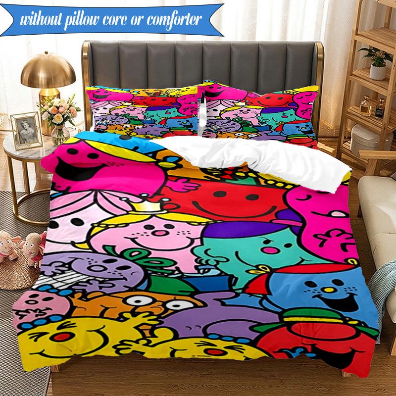 3PCS Mr Man Colorful Creatures Bedding Set 2D Printing (Includes 1 Duvet Cover + 2 Pillowcases Coreless), Bedroom decor,Fan gift