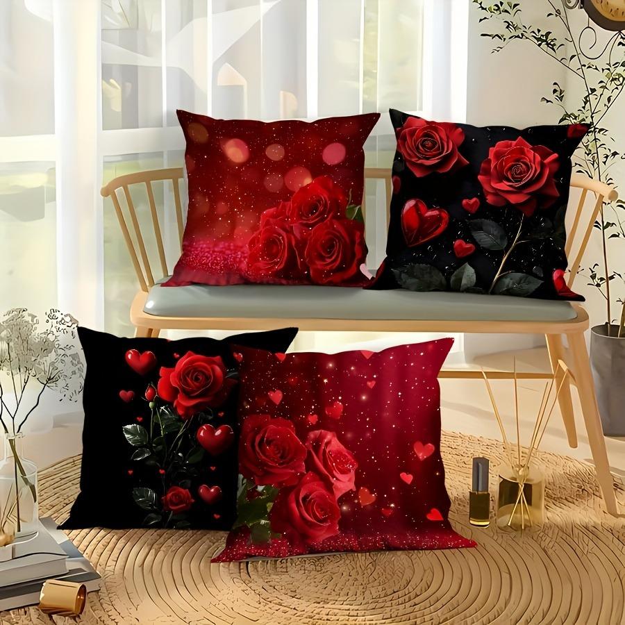 Red Rose and Love Heart Pattern Home Decor Pillow Cover Living Room Sofa Polyester Cushion Cover with Zipper