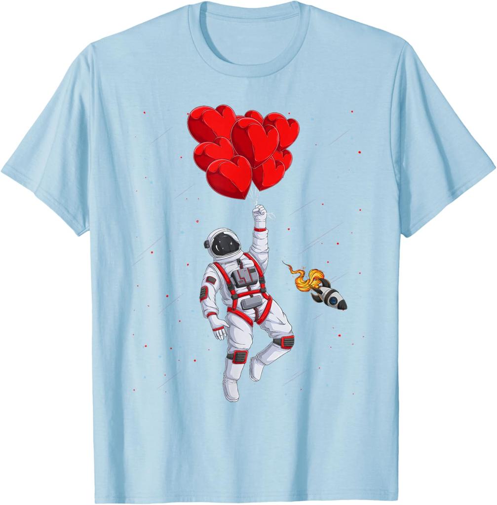 Romantic Astronaut Flying with Heart Balloons Space Graphic Tee Casual Cotton T-Shirt for Men