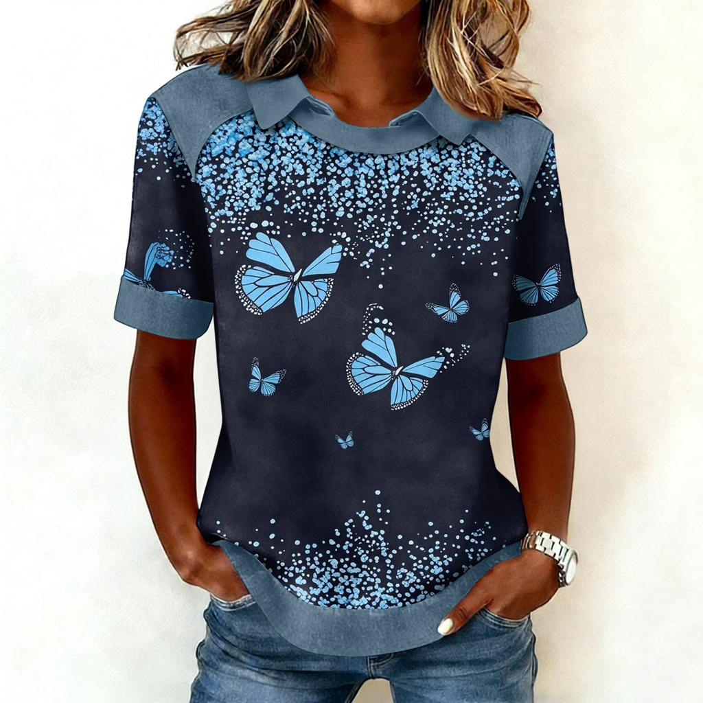 Women's Fashion Collar Cowboy Splicing Sweatshirt Casual Printed Hoodie Short Sleeve Shirt Top