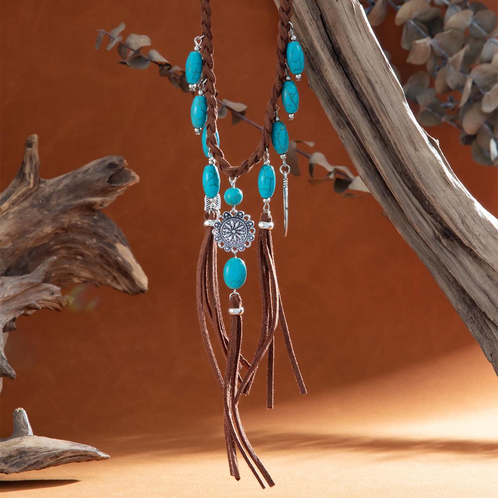 Ethnic Style Women Leaf Choker Woven Rope Leather Tassel Turquoise Stone Pendant Necklace Feather Retro Bohemian Necklaces