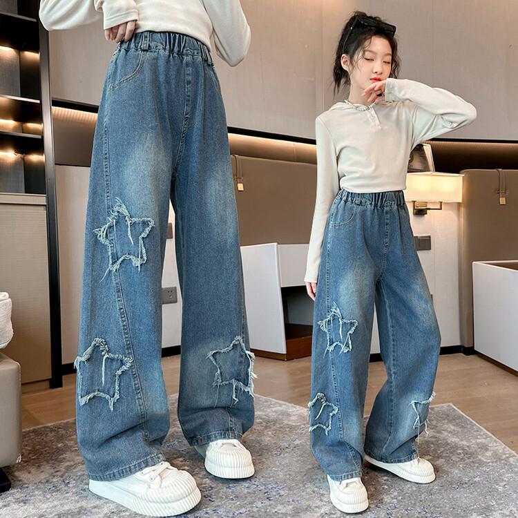 Girls Wide Leg Pants Spring Autumn Loose Fitting Children's Straight Leg Pants, Five Pointed Star Casual Big Children's Spring Jeans