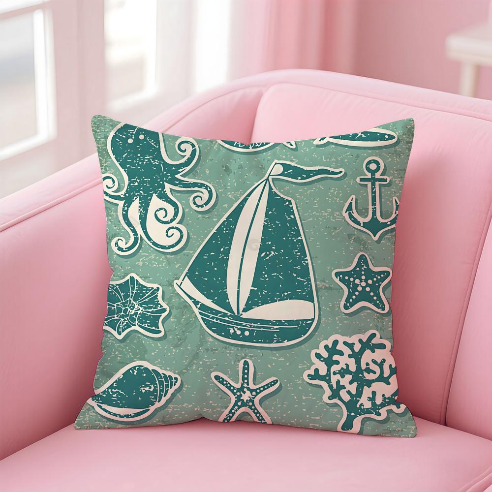 Casual Blue Maritimethemed Pattern Cushion Cover Pillowcase Short Plush Invisible Zipper Room Sofa Cushion Cover