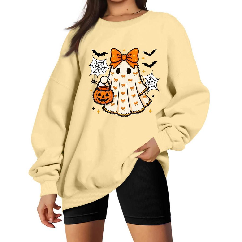 Women's Long Sleeve Neck Sweatshirt Loose Fit Casual Pullover Top with Small Halloween Print