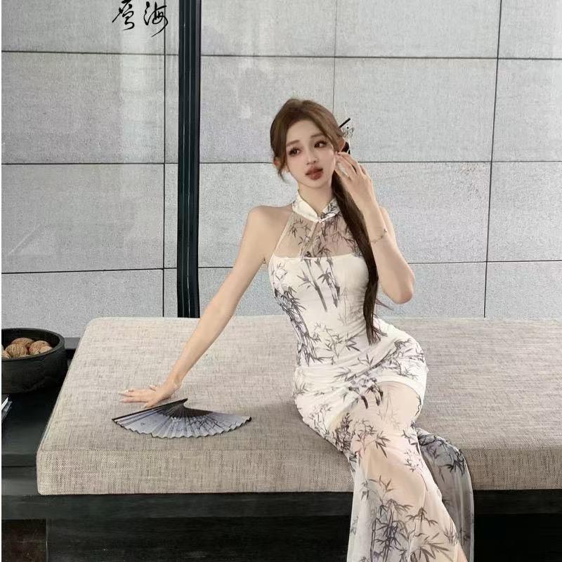 New Chinese style ink painting mesh yarn neck dress women's summer design sense slim improved cheongsam hip skirt