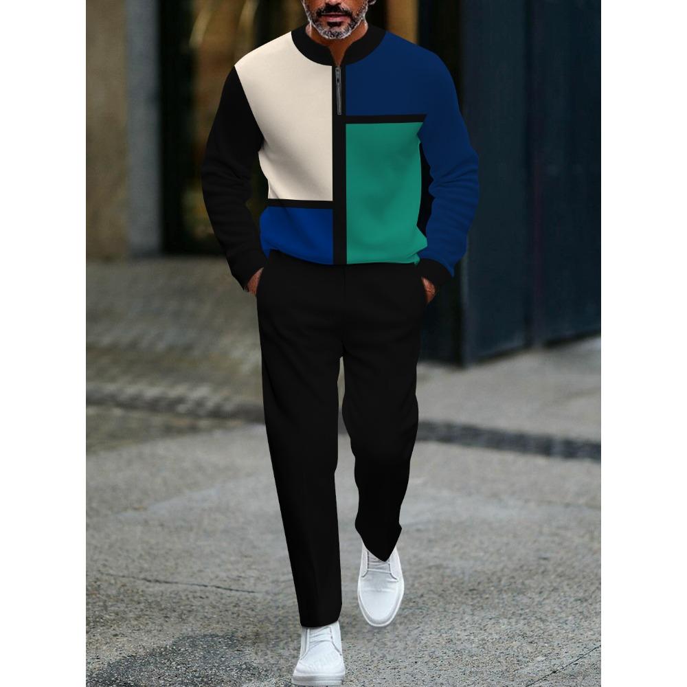 Spring Autumn 3D Printed Fashion Cool Men's Long-Sleeved Sets Half-Zipper Stand-Up Collar Men's Casual Sportswear Two-Piece Set