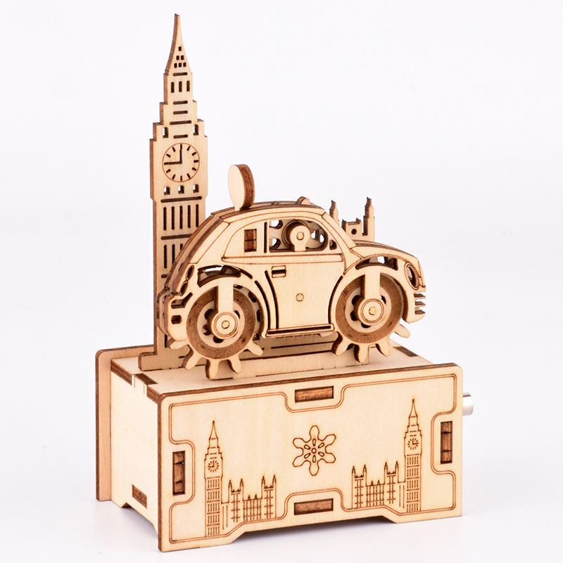 FEOOE R Wooden Jigsaw Mini Adult Decompression Children's Intelligence Stereo Jigsaw Custom Beetle Hand-cranked Music Box CJ