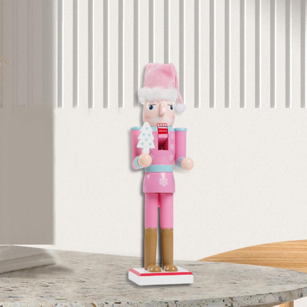 Nutcracker Statue Christmas Figurine Birthday Gift Artwork Tabletop Ornament Pink Wood Sculpture for Living Room Desk Bookshelf