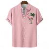 Men's Pink Coconut Tree Print Short Sleeve Shirt, Spring Summer Gentle Vacation Casual Top, Pocket Lapel Style
