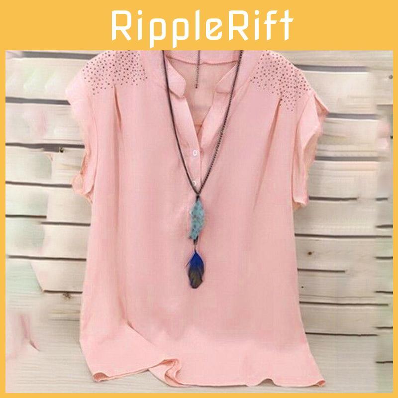 Elegant Womens Summer Button V Neck Short Sleeve T Shirt For Plus Size Ladies