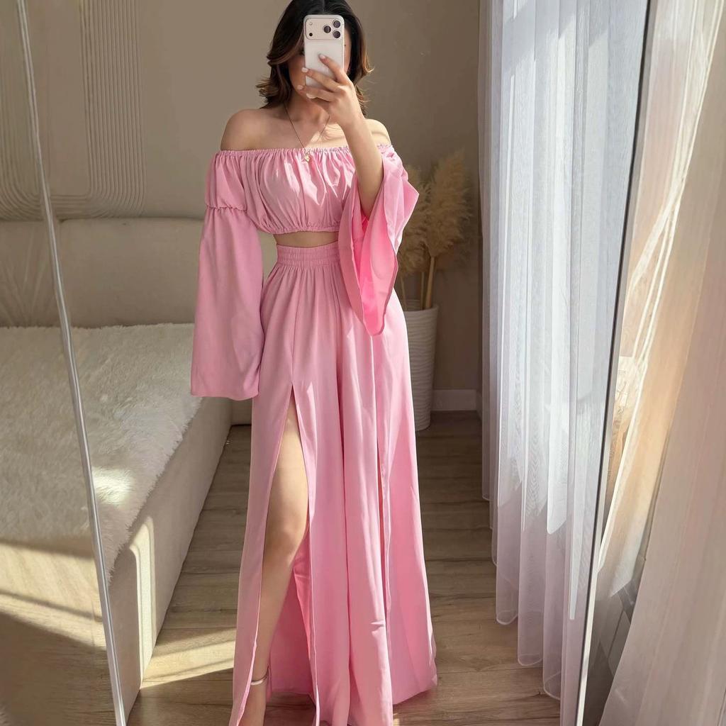 European and Women's New One-Neck Long Sleeve Short Top High Waist Split Wide Leg Pants Set
