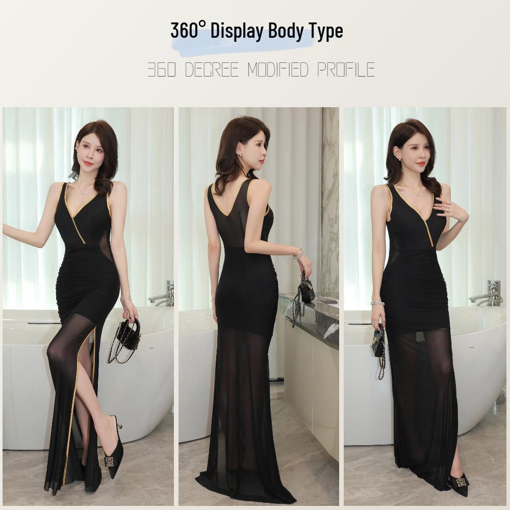 Elegant Sheer Slim Evening Gown for KTV and Spa Technicians