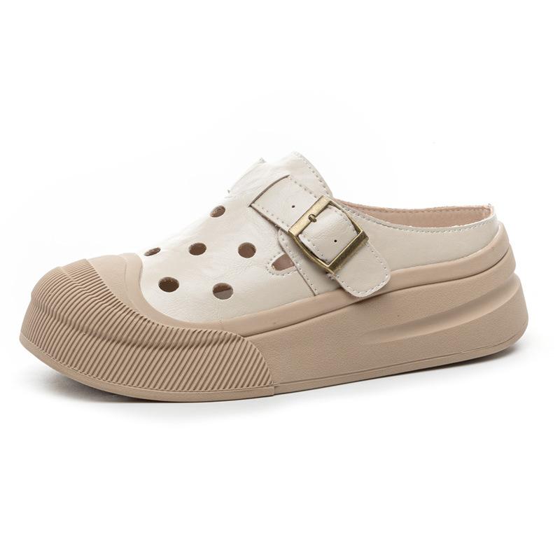 Slippers for Women's 2025 Summer New Round Headed Cowhide Low Top Thick Sole Height Increasing Casual and Comfortable Sandals