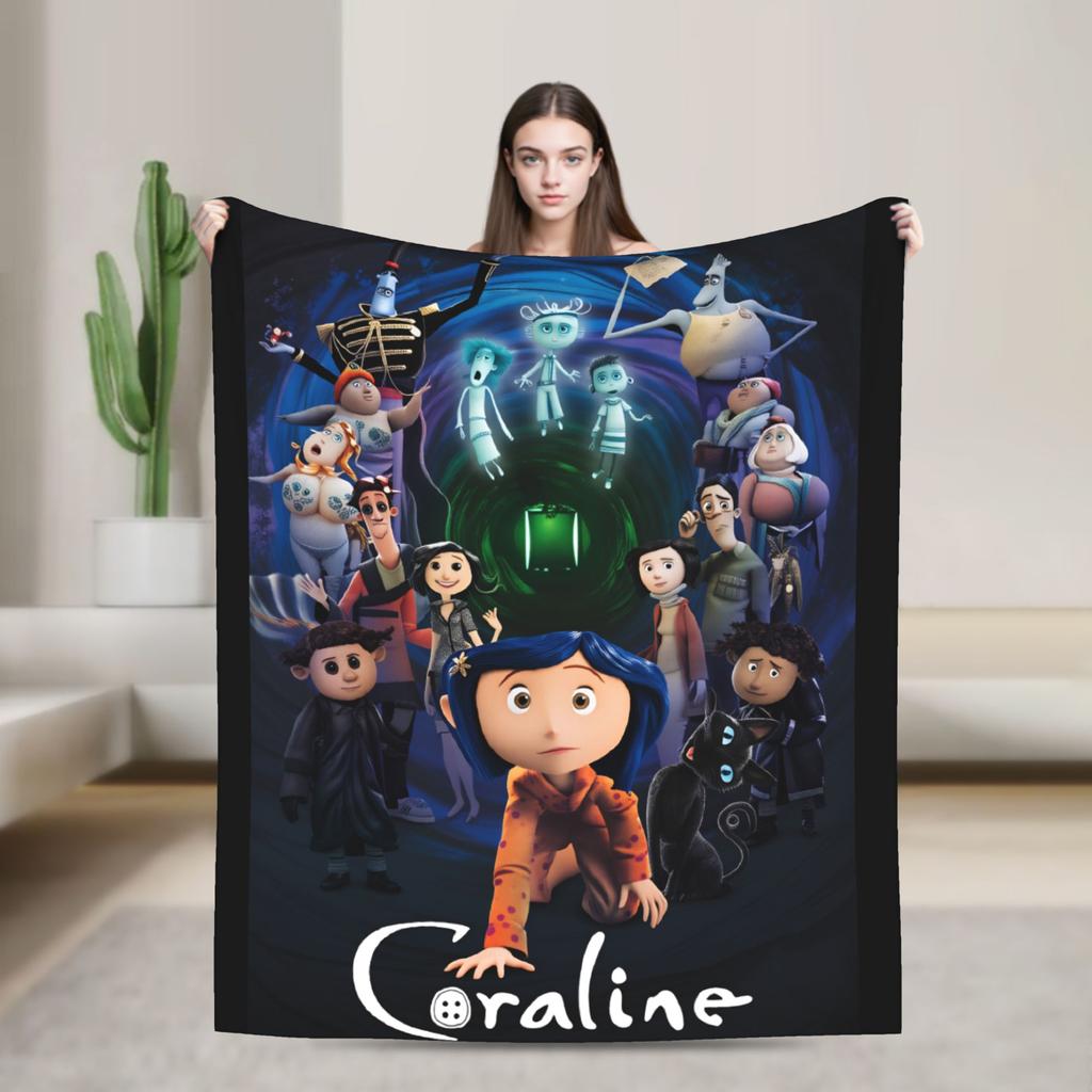 Coralines Animated Movie Blanket  Travel Flannel Throw Blanket For Living Room Warm Soft Custom DIY Quality Bedspread Gift Idea