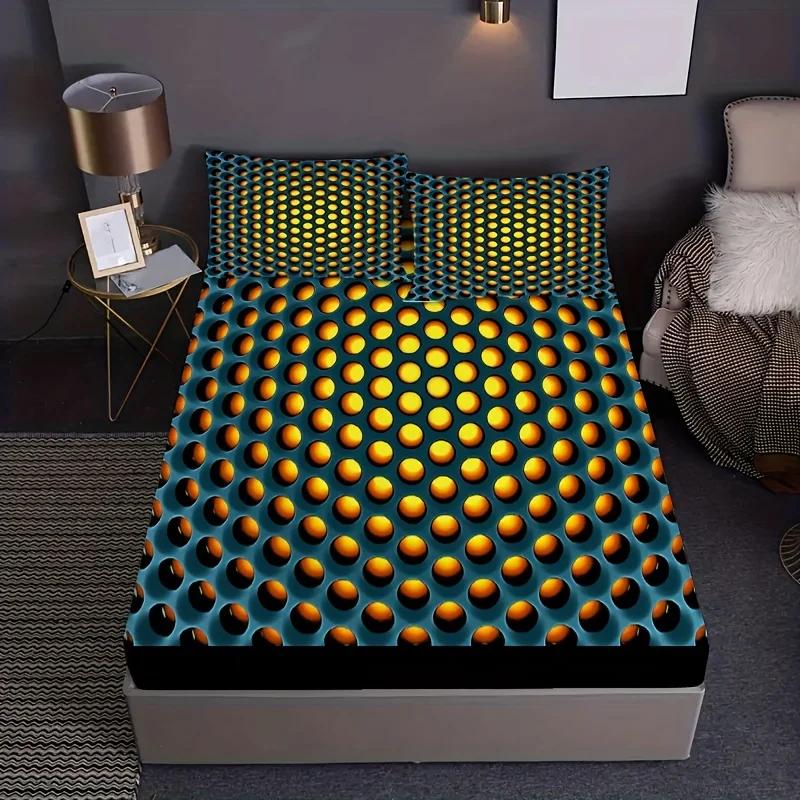 Fitted Sheet Set 3D Cellular Lattice Print Soft Comfortable Bedding Set For Bedroom Guest Room (1* Fitted Sheet+2*Pillowcases)