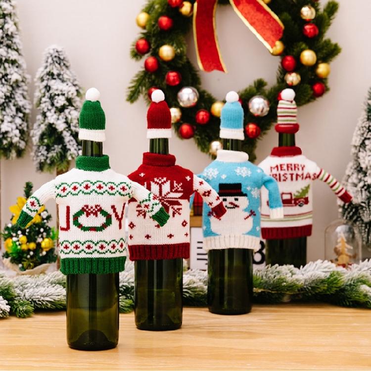 Handmade Christmas Themed Knitted Bottle Cover Festival Champagne Decoration Soft Protective Sleeve For Wine Gifts