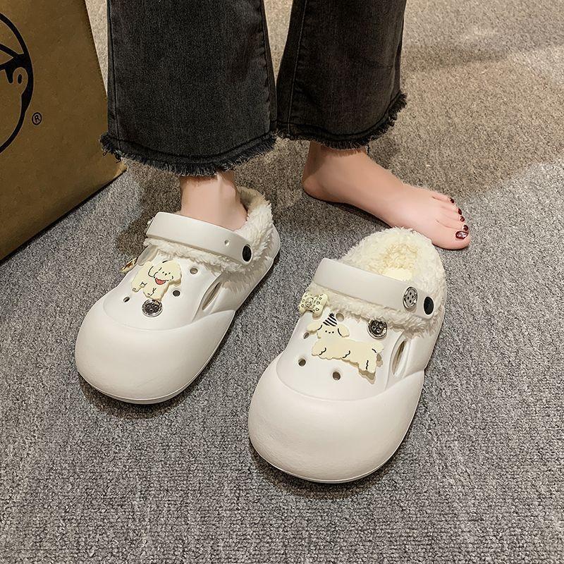 Height-increasing Cute Velvet Warm Bag Head Half Slippers Thick-soled Hole Shoes Cotton Slippers Autumn and Winter Wear 2025 New Models