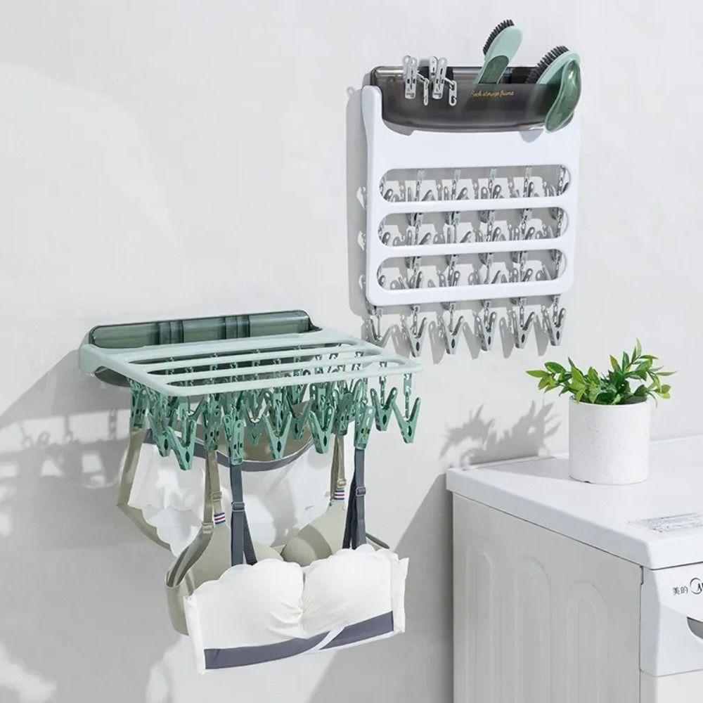 24 Klämmor Vikbar Klädhängare Väggmonterad Torkställ för Underkläder BH Strumpor Infällbart Klädtorkställ med Tvålkopp