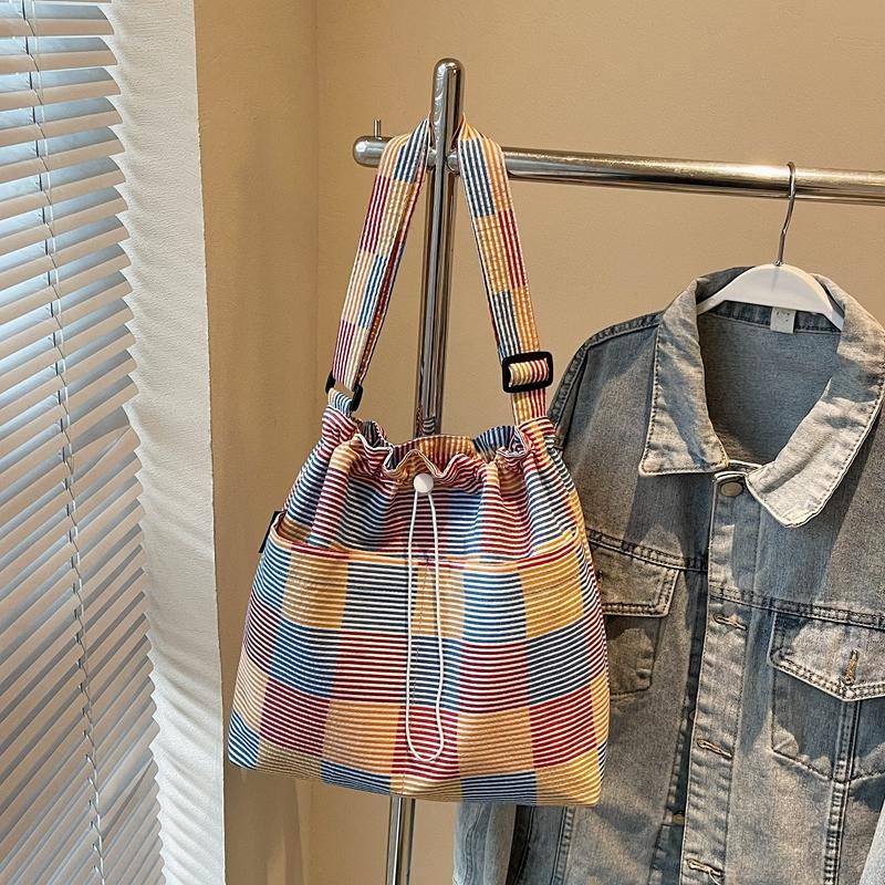 Striped Plaid Bucket Bag Women's Shoulder Bag Color Block Tote Bag