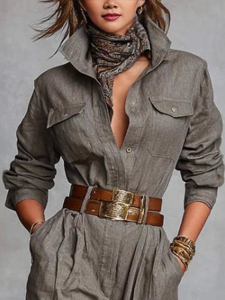 Damen Langarm Hemdkleid mit Tasche Strampler und Hose