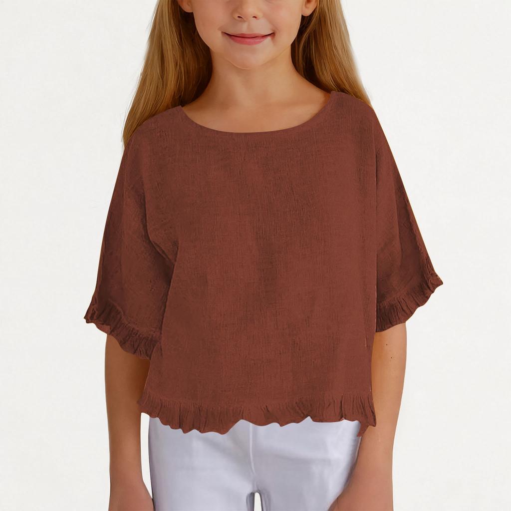 Girls' Linen Ruffle Top - Short Sleeve Round Neck Blouse