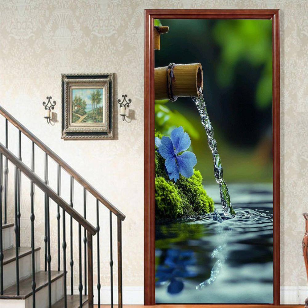 1 Stück Blühender Bambus Vinyl Türsticker Für Schlafzimmer Heimdeko Selbstklebend Abnehmbares Wandtattoo Türrenovierung Wasserdichtes Poster