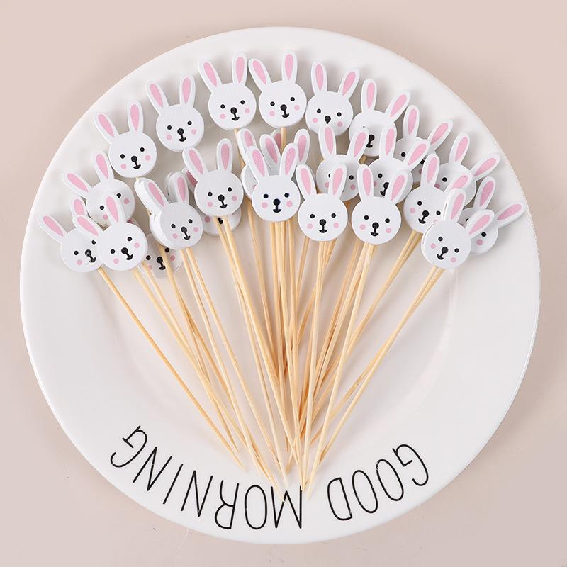 100 brochetas de bambú desechables para Pascua, palillos para comida, huevos de conejo, tenedores de fruta, palitos para bufé de magdalenas, decoración para fiestas de Pascua y cumpleaños