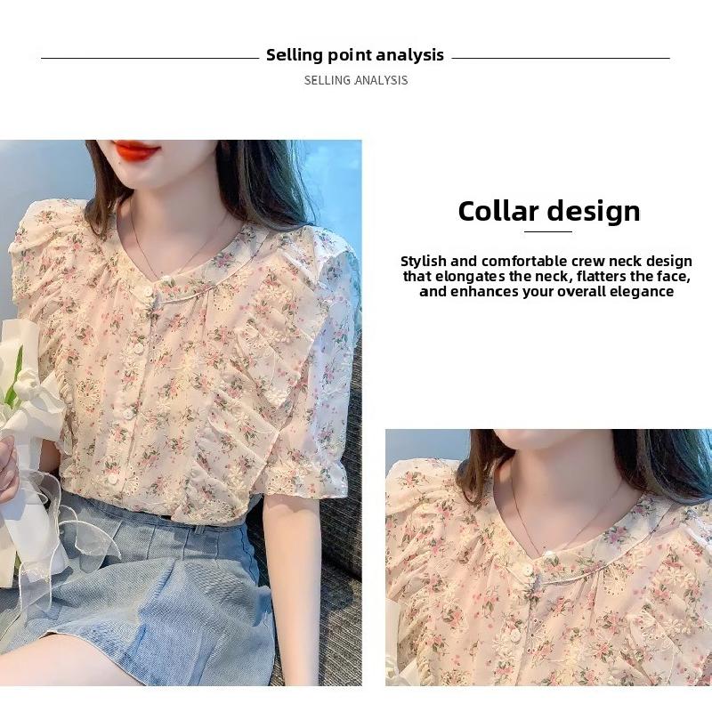 Ruffled floral chiffon blouse for women, summer 2026, sweet and elegant short-sleeved casual top
