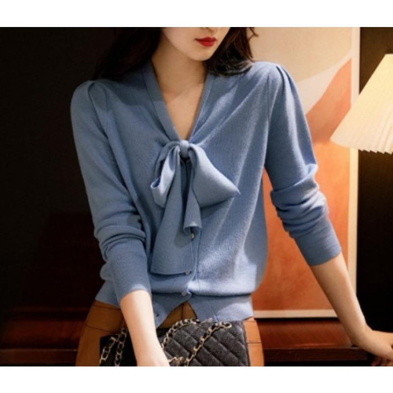 

DAFIFY Женская мода повседневная осень-зима однотонный принт длинный рукав V-образный вырез свитера Size: One Size синий