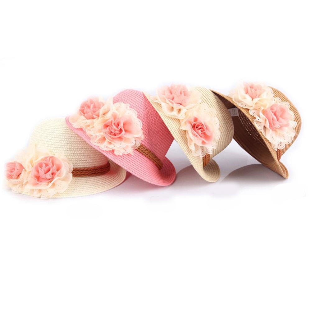 Kids Girls Cute Fashion Flower Large Brim Sunscreen Beach Sun Straw Hat