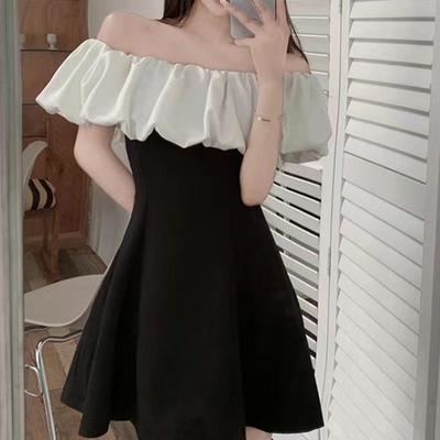 Women's Slash Neck Summer Ruffles Dress Patchwork Elegant Sweet Off Shoulder Dresses Sexy