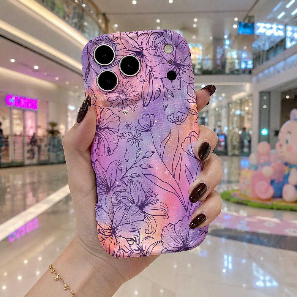 Gradient Line Tropical Flower Wavy Edge Phone Case For iPhone 16 15 14 Pro Max 13 12 11 Mini XR XS SE 2020 7 8 Air Cover