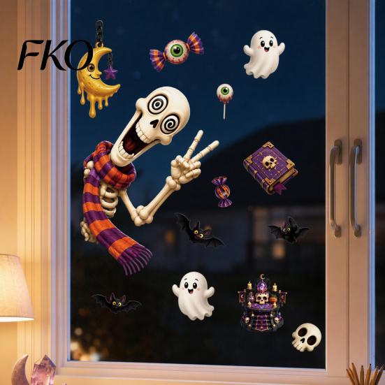 Indoor Outdoor Halloween Stickers 2 Sheets Window Clings, Cartoon Skeleton Static Stickers, Funny Classic Pattern Ghosts Bats Pumpkins for Glass Doors
