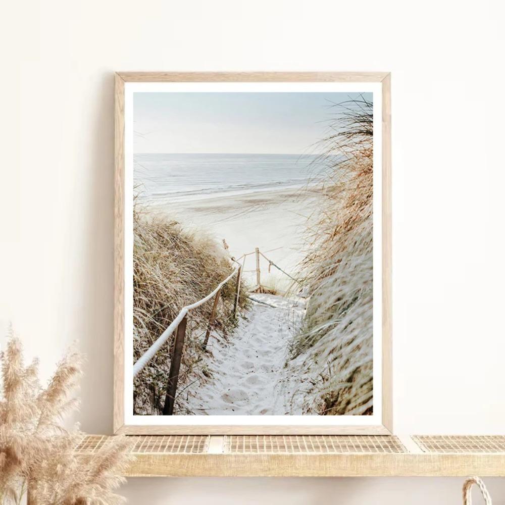 Nature Beach Sea Waves Coastal Pampass Grass Reed Sky Bus Photography Nordic Poster Canvas Printing Wall Home Decor