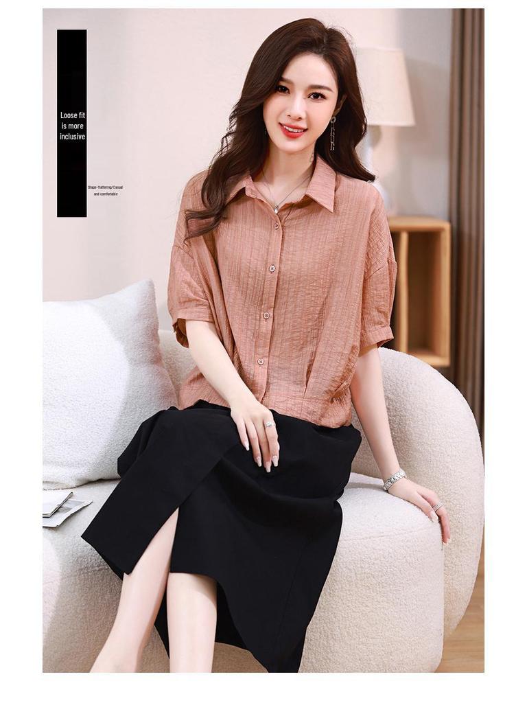 2025 Summer Plus Size Two-Piece: Skirt & Shirt Collar Top - Casual, Loose, Age-Reducing for Women