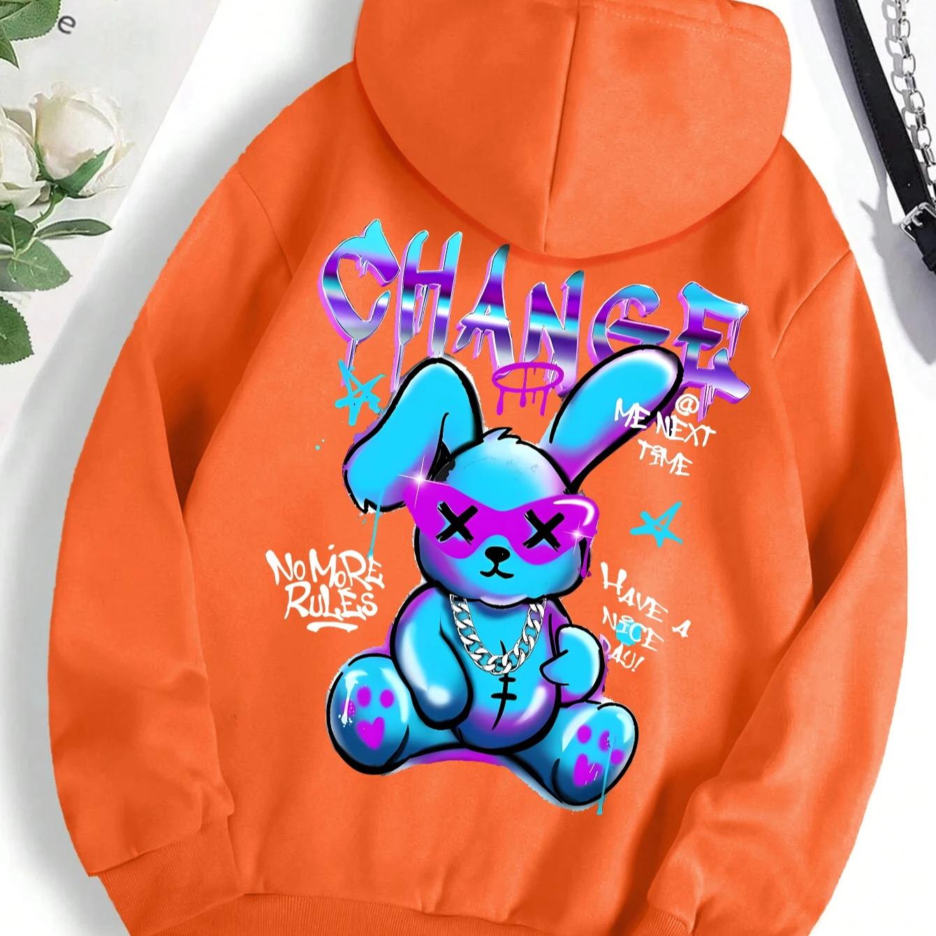 

Модный свитшот с принтом в виде кролика и мультфильмов, женская мода, универсальная уличная толстовка с круглым вырезом, повседневные толстовки с капюшоном, пуловер, одежда больших размеров 3xl оранжевый