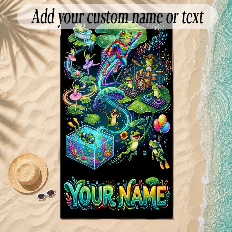 Frog Theme Soft Beach Towel Personalized Custom Name Text Towel Portable for Beach Pool Travel
