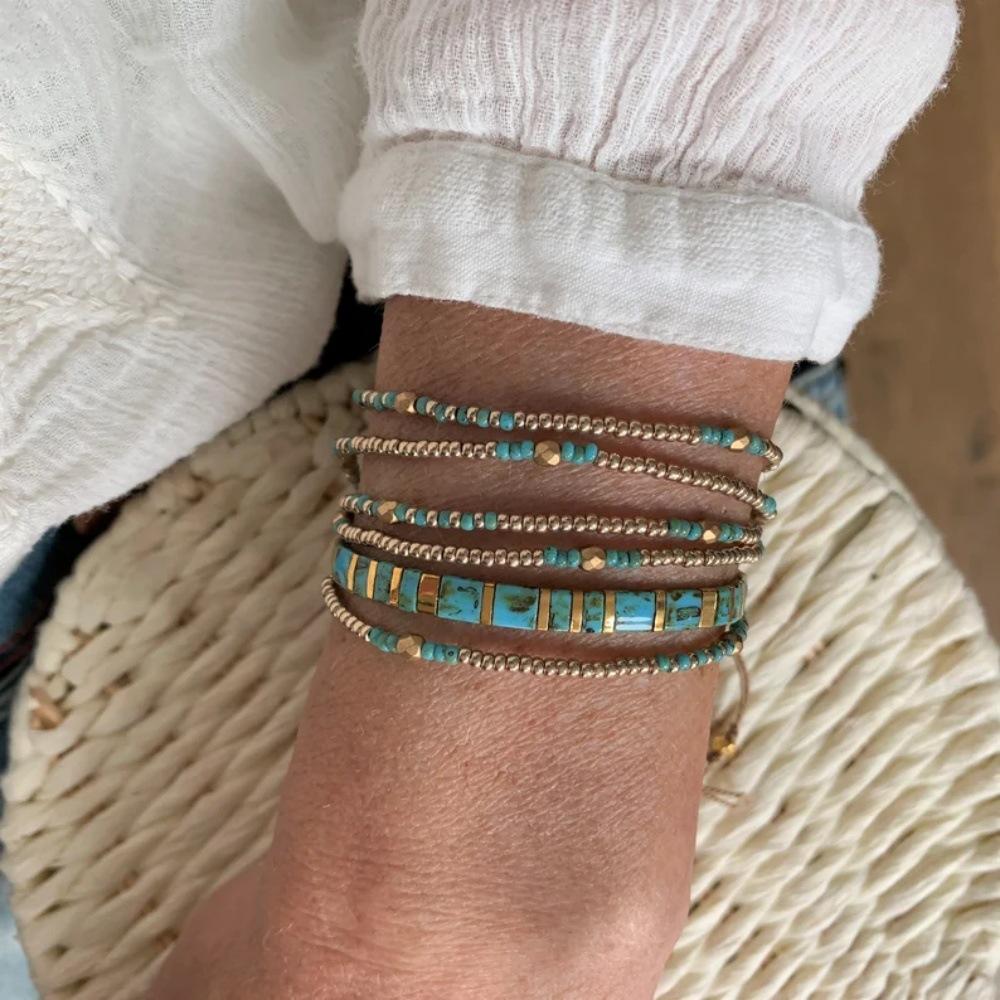 Bohemian Stacked Tila Bracelet Men's and Women's Retro Blue-Green Beaded Gold Chain Bracelet