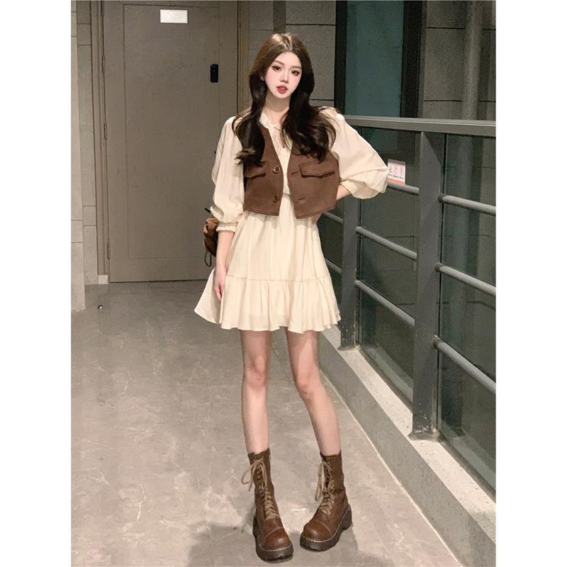 

Женский ретро комплект: многослойный жилет в гонконгском стиле и платье с длинным рукавом L