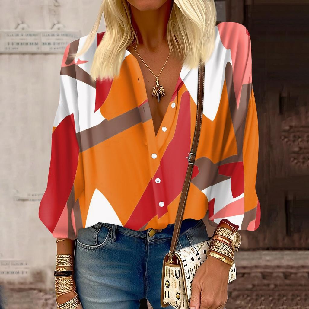 Damen-Hemdbluse, bedruckt, Knopf, lässig, Vintage-Mode, Rundhalsausschnitt, 3/4-Ärmel