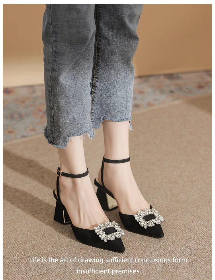 

2025 summer new French thick heel bag head sandals rhinestone buckle one word with high heels empty single shoes women 35