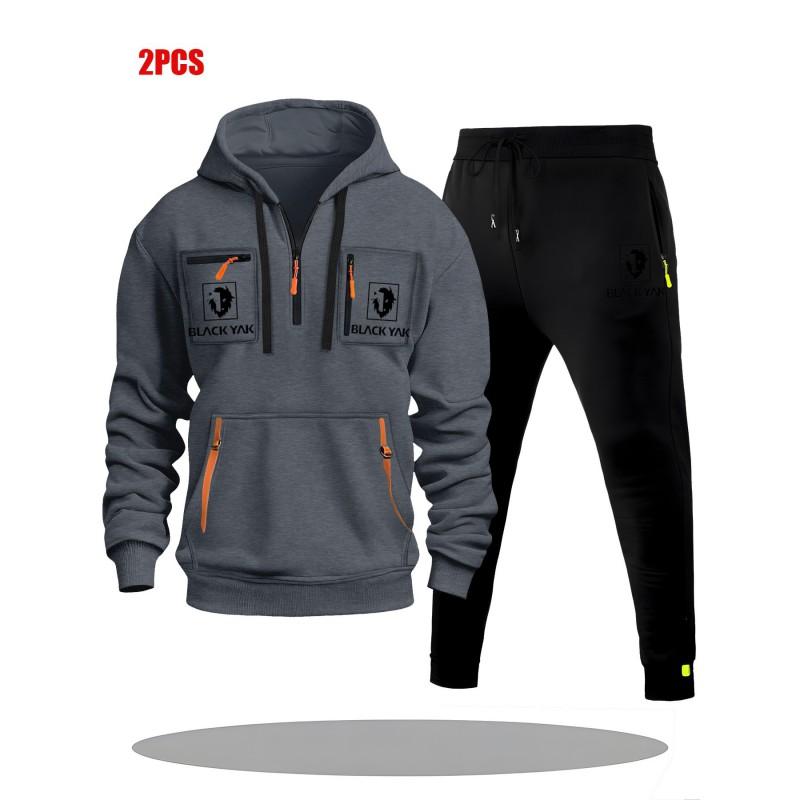 Mens Hoodie Sweatshirt Set Solid Color Multi-Zipper Pockets Casual Wear
