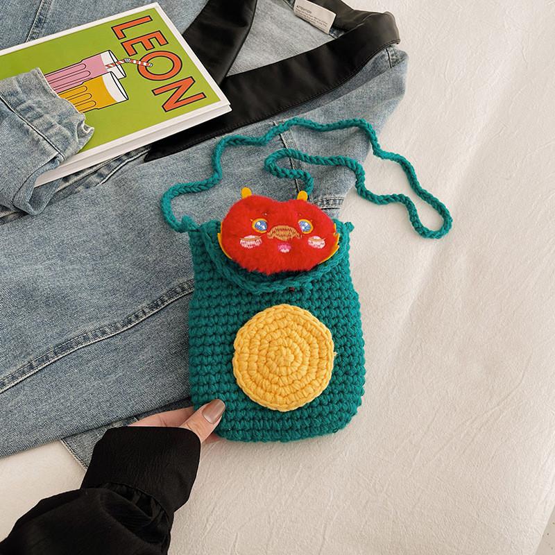 Adorable Girl s Dragon Year Mini Crossbody Bag Cute Knitted Coin Purse For Kids Cute Dragon Blue