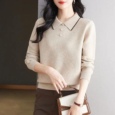 Autumn Winter New Women's Sweater POLO Collar Knitted Top Large Loose Collar Pullover Stylish Bottom Shirt
