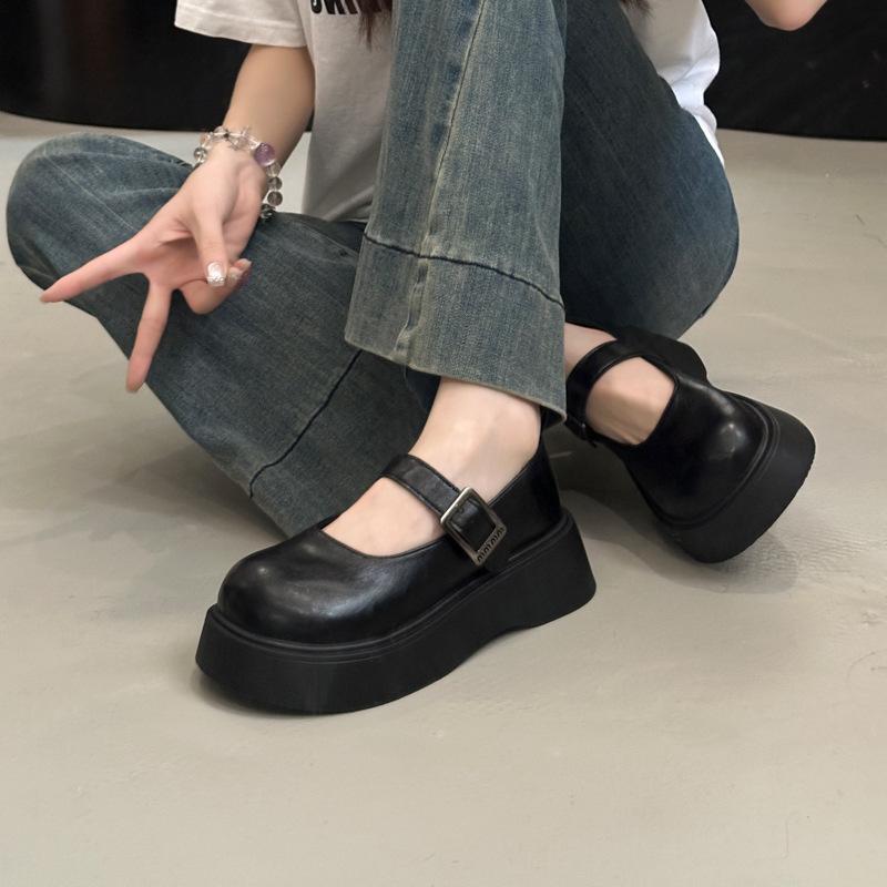 2025 New Baita Black Women's Shoes Mary Jane Small Leather Shoes Retro British Style Japanese One-word with Shallow Mouth Single Shoes