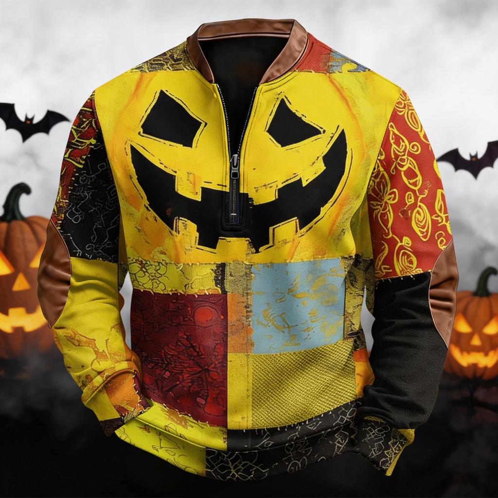 Men's Casual Retro Half Zip Long Sleeve Sweatshirt with Halloween Print