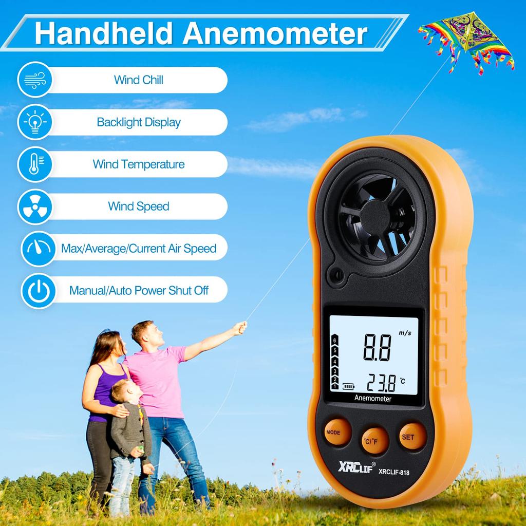 Digital Handheld Wind Speed Meter for Measuring Wind and for and More Anemometer, Chill, Temperature, Velocity, Yellow, Windsurfing, Fishing,