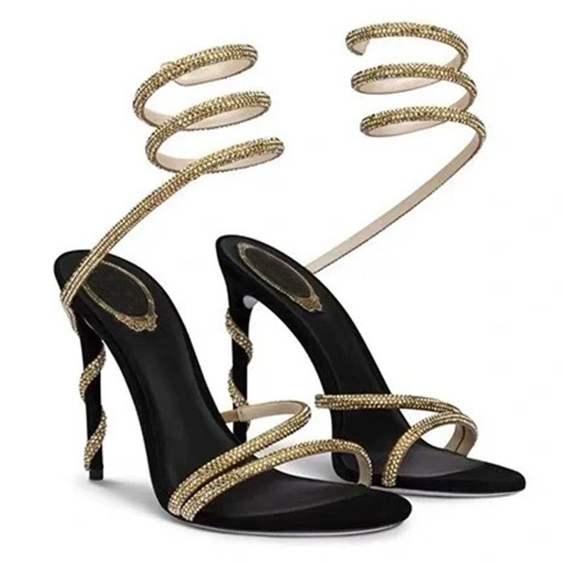 New Women High Heels Rhinestone Snake Strap Sandals Thin Heel  Shoes Ladies Summer Slingback